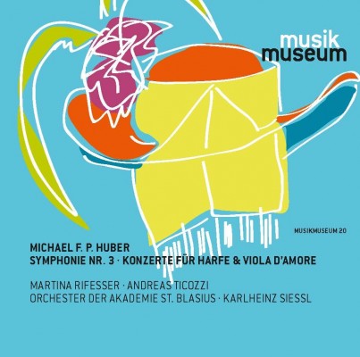 Das ist eine CD mit Werken von Michael FP Huber. Symphonie Nummer 3, Konzert für Harfe und Konzert für Viola d'Amore